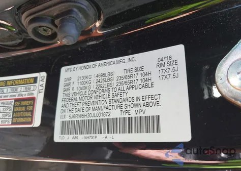 2018 Honda Cr-V Lx from USA, damaged, VIN 5J6RW5H30JL001872